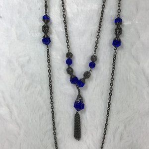 Long Y tassel necklace Gunmetal chain Blue Stones